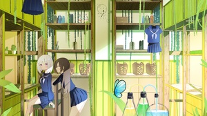 Anime Anime Girls Two Women Women Indoors Indoors Skirt Pink Eyes White Hair Brunette Butterfly Inse 3840x2160 Wallpaper