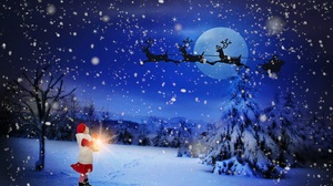 Child Moon Night Reindeer Santa Sled Snow Tree Winter 4272x2848 Wallpaper