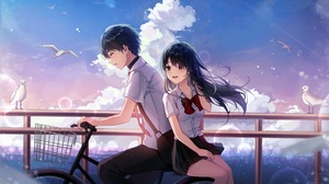 Anime Anime Girls EunYoo Artwork Anime Boys Couple Bicycle Sky School Uniform 3498x2188 Wallpaper