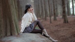Asian Model Women Short Hair Dark Hair Forest Trees Sitting Depth Of Field Ankle Boots Pullover Skir 5120x3413 Wallpaper
