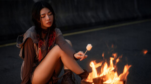 Sexy Funk Pig Women Asian Dark Hair Legs Outdoors Campfire 2048x3072 wallpaper