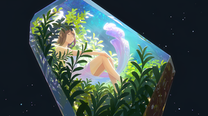 Anime Anime Girls Brunette Long Hair Closed Eyes Plants Crystal Dress 5120x2880 Wallpaper