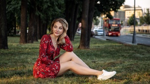 Oleg Klimin Model Brunette Dress Red Dress Sitting Grass Sneakers Buses Street Trees Sunlight Sky Ci 2560x1707 Wallpaper