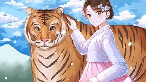 Anime Anime Girls Tiger Animals Mammals Big Cats Smiling Brunette Flower In Hair 3500x2429 Wallpaper