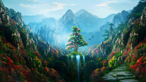 Forest Mountain Nature Tree Waterfall 3840x1953 wallpaper
