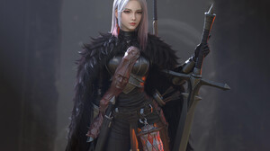 Cifangyi CGi Women Silver Hair Warrior Greatsword Head Fur Vertical Sword Weapon Armor 3840x4623 Wallpaper