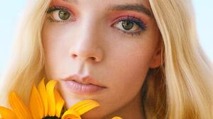 Anya Taylor Joy Actress Women Looking At Viewer Sunflowers Blonde Simple Background Face 2197x3000 wallpaper