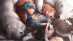 Yin Ting Tian Anime Girls Dog Animals Closed Eyes Sleeping Smiling Blue Hair 1500x1000 Wallpaper
