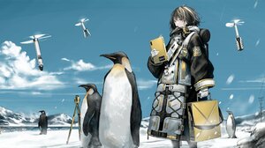 Anime Girls Arknights Penguins Snowing Snow Magallan Arknights Short Hair Sky Clouds Logo Japanese S 4096x1896 Wallpaper