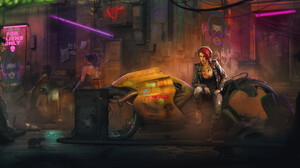 Giulia Gentilini Digital Art Artwork Illustration Environment Cyberpunk Women Sitting Motorcycle Str 3840x1594 Wallpaper
