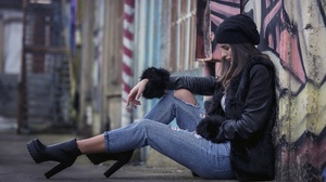 Women Model Torn Jeans Heels Hat Women Outdoors Sitting Urban Women With Hats Jeans Brunette Black C 2048x1152 Wallpaper