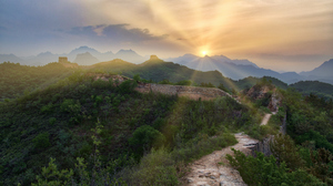 Landscape 4K Mountains Hills Forest Sun Great Wall Of China Beijing Nature Sun Rays 3840x2160 Wallpaper