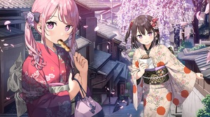 Anime Anime Girls Kimono Blushing Food Anime Girls Eating Cherry Trees Petals Looking At Viewer Stai 2200x1390 Wallpaper