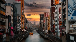 Osaka Japan City River Sunset Bridge Boat Architecture Clouds Building 5120x3417 Wallpaper