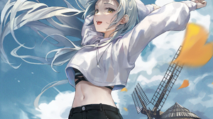 Anime Anime Girls Long Hair White Hair Yellow Eyes Arms Up Windmill Shorts Low Angle Looking Below L 2000x3600 Wallpaper