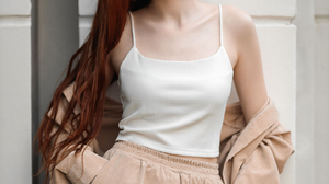 Vladimir Vasilev Women Redhead Long Hair Straight Hair Blue Eyes Tank Top White Clothing Jacket Pant 1440x2160 wallpaper