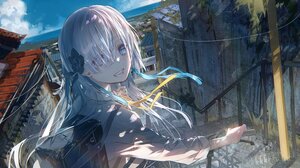 White Hair Looking At Viewer Bicycle Anime Girls Smiling Clouds Heterochromia Hair Over One Eye Back 4096x2304 Wallpaper
