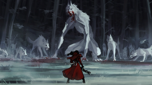 Creature Creepy Dark Girl Minigun Red Riding Hood Wolf Woman Warrior 6278x3560 wallpaper