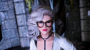 White Hair Looking At Viewer CGi Office Girl Glasses One Eye Closed Blurred Blurry Background 3840x2160 wallpaper