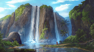 Tropical Waterfall Digital Art Palm Trees Landscape Foliage Trees Water Cliff Rocks 1920x1007 Wallpaper