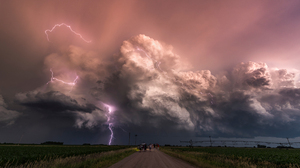 Storm Nature Clouds Lightning Sky People Long Exposure Time Lapse Dirt Road Field 2560x1440 Wallpaper