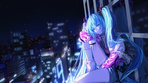 Anime Girls Hatsune Miku Vocaloid Sitting Cityscape City Cyan Hair Long Hair Women Outdoors Urban 2376x1739 Wallpaper