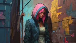 Women Comics Pink Hair Hooded Jacket Alleyway Ai Art 3854x2160 wallpaper