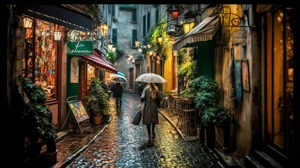 Ai Art Illustration Women Paris Umbrella Cobblestone Small Alley Alleyway Plants Street Light 4579x2616 Wallpaper