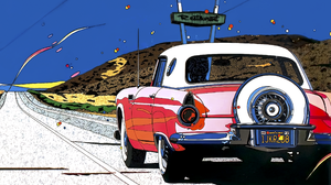 1980s Japanese Art Graphic Design Eizin Suzuki American Cars Line Art Vibrant Colorful Summer Digita 2560x1440 Wallpaper