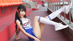 Asian Model Women Long Hair Dark Hair Depth Of Field Knee High Socks Sitting Sneakers Twintails Hair 3840x2560 Wallpaper