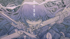 Anime Japanese Art Anime Girls Demon Oni Sword Pistol Weapon Long Hair Smoke Blue Closeup Face Flint 2560x1280 Wallpaper