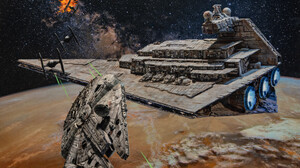 Artwork Science Fiction Space Spaceship Star Wars Millennium Falcon TiE Fighter Star Destroyer 1920x1368 Wallpaper