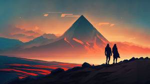 Science Fiction Ai Art Mountains Illustration Pyramid Couple Sunset Exploring 3640x2048 Wallpaper