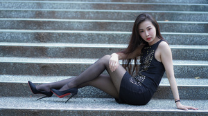 Asian Model Women Long Hair Dark Hair Sitting Women Outdoors Urban Heels Black Heels Legs Black Pant 3840x2560 Wallpaper