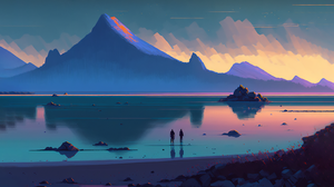 Ai Art Mountains Illustration Couple Lake Water Reflection 3640x2048 Wallpaper