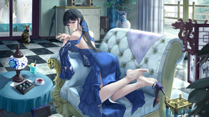Anime Pixiv Dress Anime Girls Heels Long Hair Couch Drink Cup Candy Jewelry Looking At Viewer Leaves 4599x3060 wallpaper