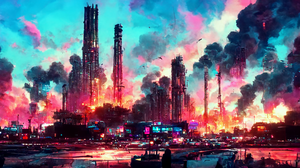 Burning City Cyberpunk Bright Evening Building Clouds Pink Red 2048x1152 Wallpaper