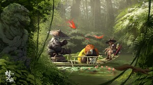 Artwork Kan Liu Panda Rabbits Anime Girls Umbrella Water 7680x4320 Wallpaper