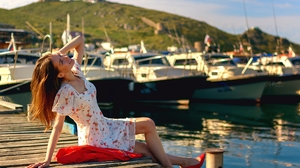 Women Model Brunette Women Outdoors Bay Dress Red Shoes Hills Sky Clouds Sitting Boat Smiling White  2100x1400 Wallpaper