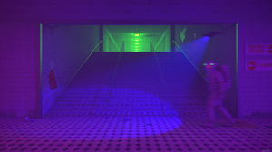 CGi Train Station Astronaut Drone Stairs Neon Digital Art Walking Spacesuit 3840x2160 wallpaper