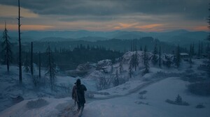 Deacon St John Zombies Days Gone Video Games CGi Snow Landscape Trees Mountains Nature Sky Clouds 2560x1440 Wallpaper