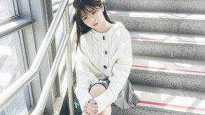 Ru Lin Women Brunette Sweater Skirt Asian Legs Crossed Resting Head Stairs 3072x2048 wallpaper