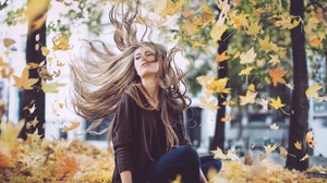 Women Brunette Women Outdoors Leaves Fall Windy Long Hair Camille Rochette Hair Blowing In The Wind  2048x1365 Wallpaper