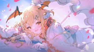 Anime Anime Girls Blonde Pointy Ears Yellow Eyes Wings Looking At Viewer Blushing Lying Down Lying O 1422x800 wallpaper