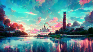 Fantasy Castle Lighthouse Lake Clouds Sky Neon Vaporwave Forest Ai 2048x1152 Wallpaper