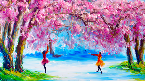 Oil Painting Landscape Blossoms Cherry Blossom Dancing Trees Flowers Artwork 2560x1440 Wallpaper