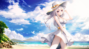Anime Anime Girls Hat Dress Clouds Blue Eyes Silver Hair Birds Sky 7000x3938 Wallpaper