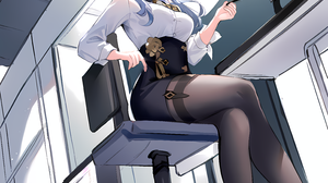 Anime Girls Genshin Impact Ganyu Genshin Impact Low Angle Legs Crossed Black Pantyhose Glasses Blue  4608x4608 Wallpaper