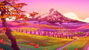 Fictional Creatures Organic Landscape Mountains Colorful Birds Leaves 1920x1171 wallpaper