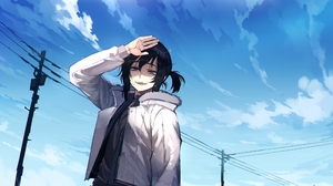Anime Girls Clear Sky Mr Skull Ratatatat74 Black Hair Coats Sky Sweat Clouds 4000x2000 Wallpaper